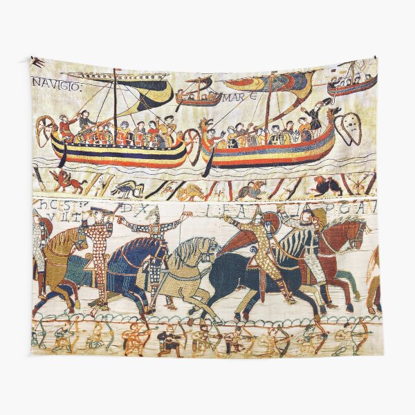 THE BAYEUX TAPESTRY ,BATTLE OF HASTINGS ,NORMAN KNIGHTS HORSEBACK, ARCHERS AND VIKING SHIPS Tapestry