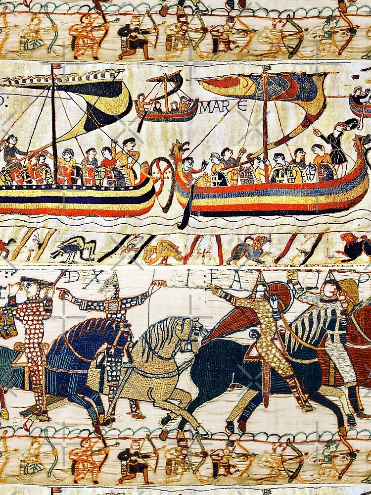 "THE BAYEUX TAPESTRY ,BATTLE OF HASTINGS ,NORMAN KNIGHTS HORSEBACK, ARHERS AND VIKING SHIPS