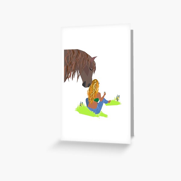 Blonde Girl in jeans and her horse Greeting Card