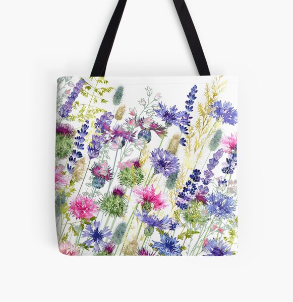 Flower Meadow - Cornflowers, Thistles & Lavender All Over Print Tote Bag