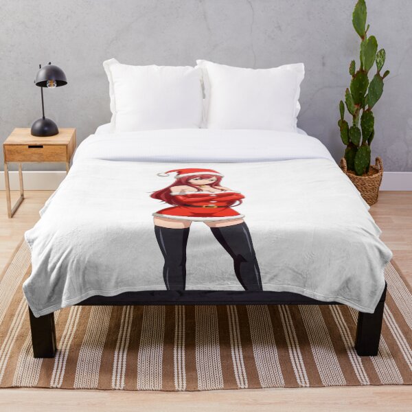 Erza Scarlet, kawaii moe anime girl wearing Christmas dress. Sexy Santa Claus, Fairy Tail Manga ecchi hentai. | White Throw Blanket