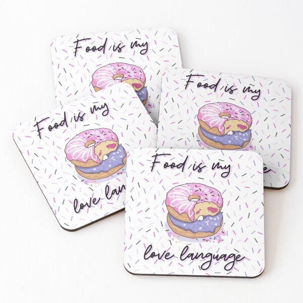 Food is my love language Donut pattern pink, purple, confetti background, jelly filled sprinkles, WHITE BACKGROUND Coasters (Set of 4)
