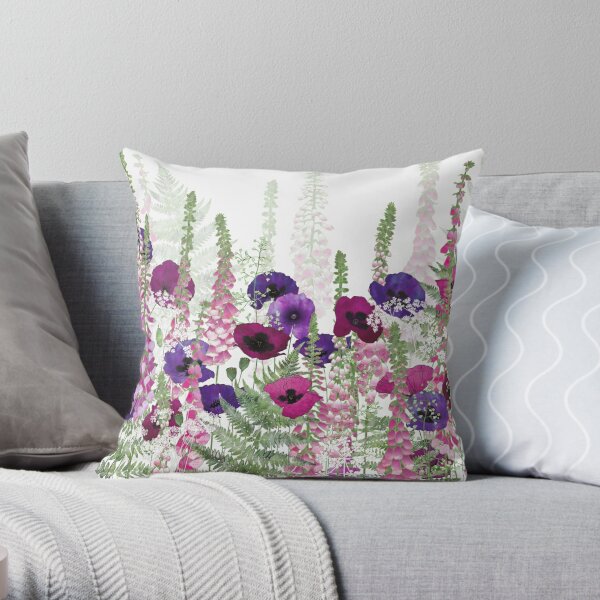 Purple Poppies, Pink Foxgloves & Ferns Throw Pillow
