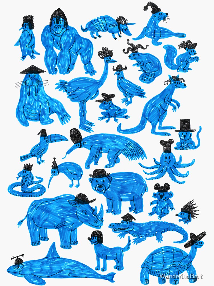 Thumbnail 3 of 3, Sticker, Blue Animals, Black Hats designed and sold by WanderingBert.