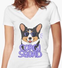 CORGI SQUAD (black tricolor) Women's Fitted V-Neck T-Shirt