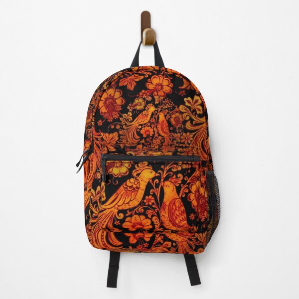 Item preview, Fiery Birds Folk Art Orange Red on Black designed and sold by wild.geranium.design.