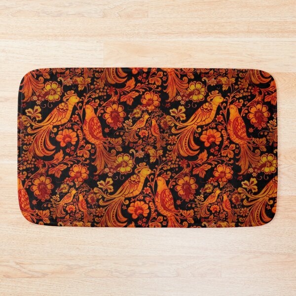 Item preview, Fiery Birds Folk Art Orange Red on Black  designed and sold by wild.geranium.design.