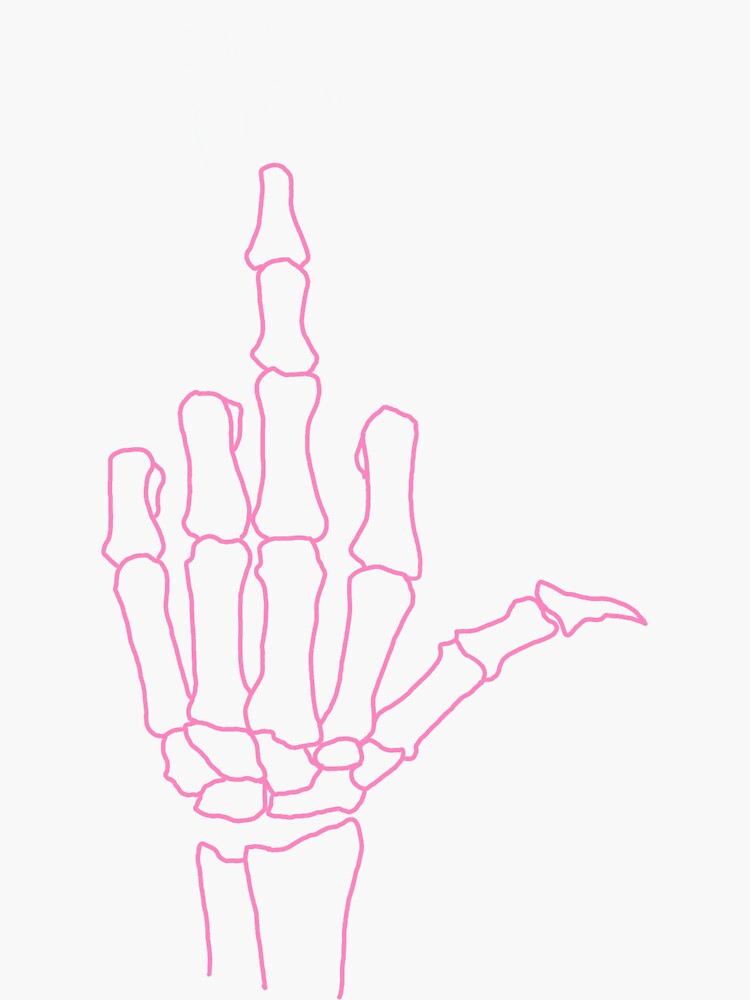 "Bubblegum pink skeleton middle finger line drawing " Sticker by