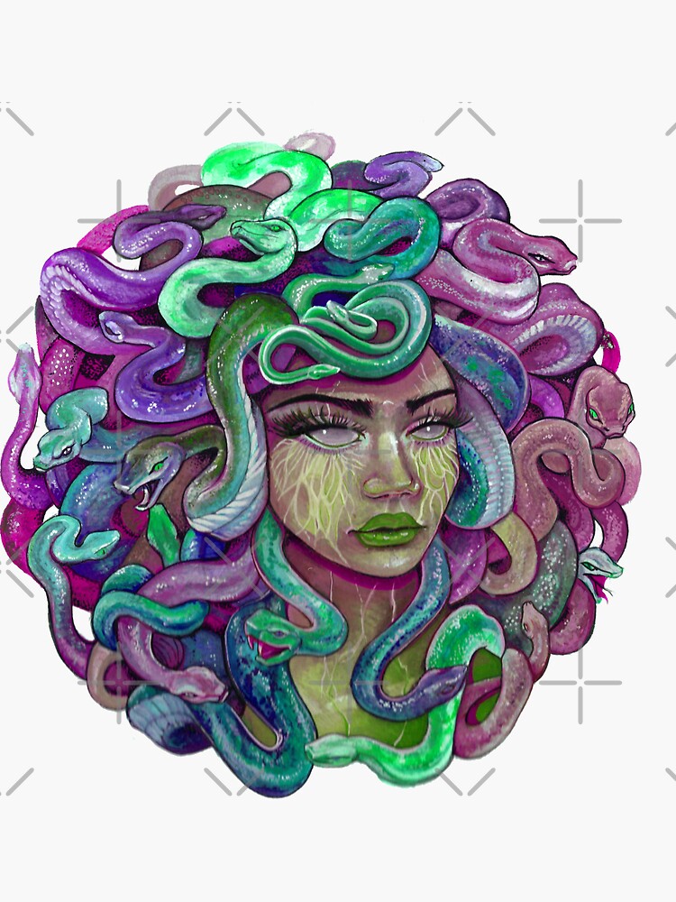 Coral and blue Medusa portrait Sticker for Sale by saraknid