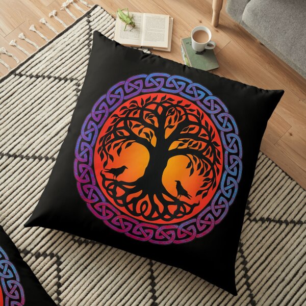 Viking Yggdrasil World Tree the Sun & Ravens Hugin Floor Pillow