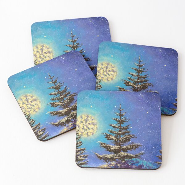 Item preview, Night Christmas winter landscape with moon and snowy fir trees on the starry sky painting designed and sold by rybakowvalery.