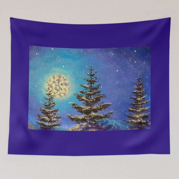 Item preview, Night Christmas winter landscape with moon and snowy fir trees on the starry sky painting designed and sold by rybakowvalery.