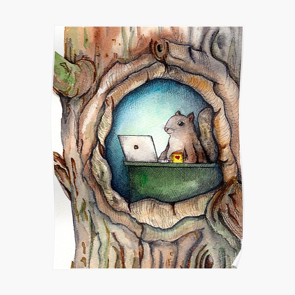 "Spreadsheet Squirrel" - watercolor squirrel in tree, woodland creatures, squirrel painting, hipster squirrel Poster