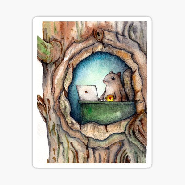 "Spreadsheet Squirrel" - watercolor squirrel in tree, woodland creatures, squirrel painting, hipster squirrel Sticker