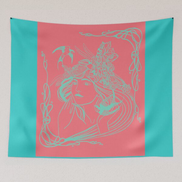 Item preview, Duo tone art nouveau girl with daffodils and swallows designed and sold by orangerinka.