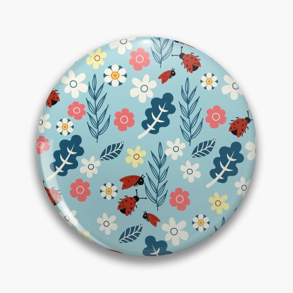 Spring meadow in bloom with ladybirds on blue background Pin