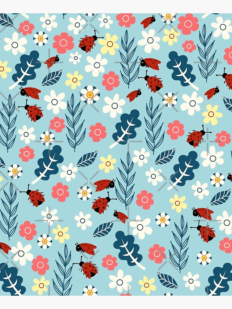 Spring meadow in bloom with ladybirds on blue background by Arch4Design