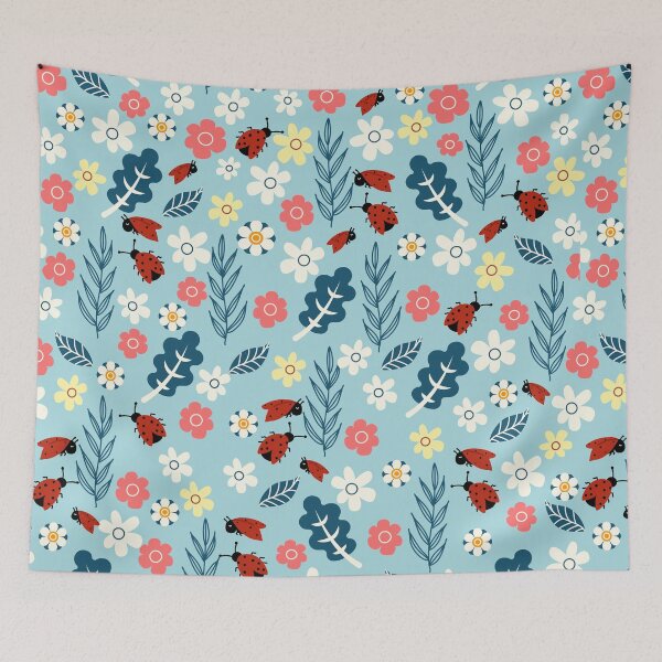 Item preview, Spring meadow in bloom with ladybirds on blue background designed and sold by Arch4Design.