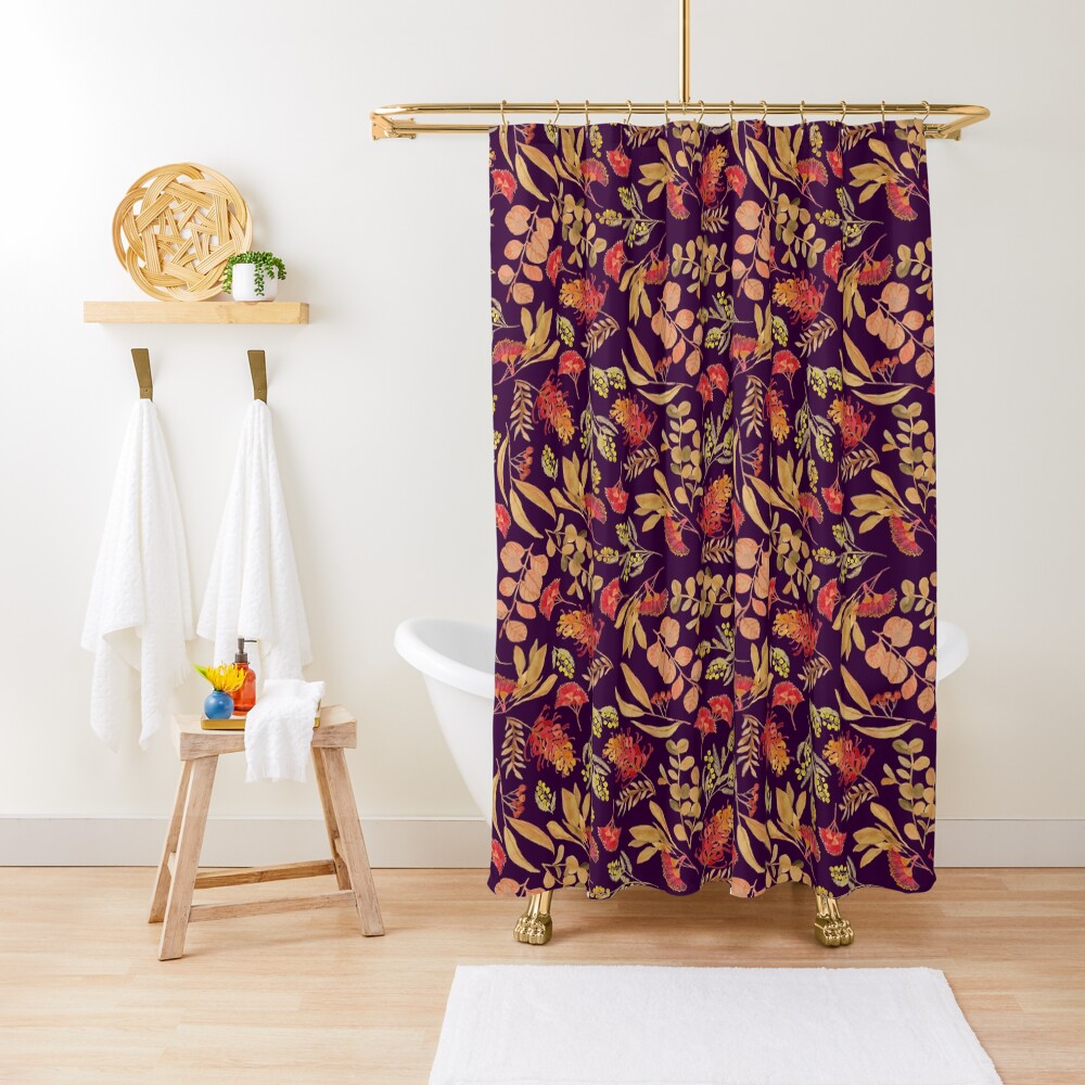 "Australian Botanical Flowers and Foliage Golden Purple" Shower Curtain