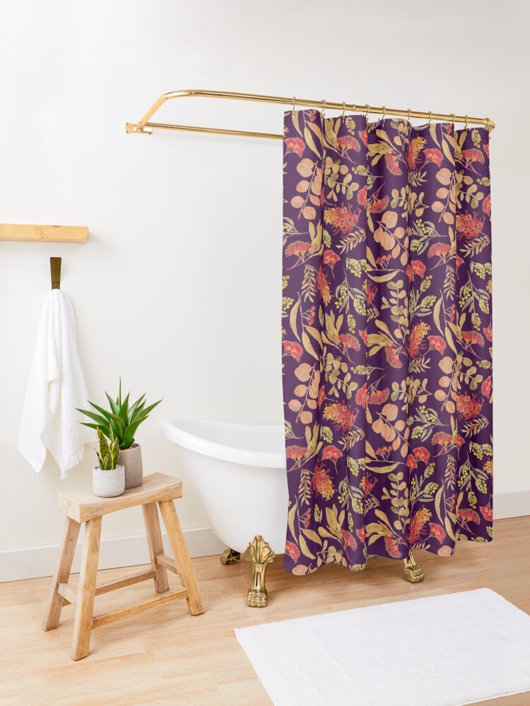 "Australian Botanical Flowers and Foliage Golden Purple" Shower Curtain