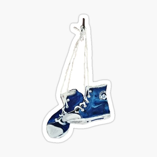 Oil painting of old baseball boots hanging on a nail on a brick wall. Sticker