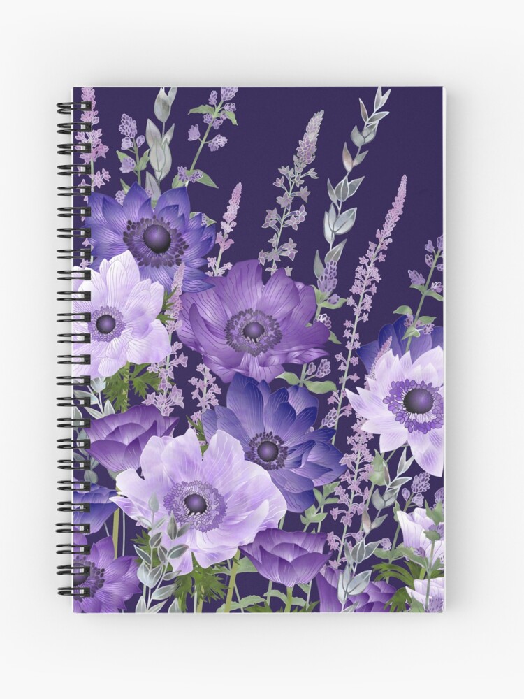 Cuaderno de espiral «Anémonas moradas y flores de menta gatera» de  Fiona-Calder | Redbubble