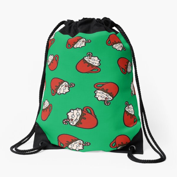 Festive Hot Cocoa Pattern in Winter Green Drawstring Bag