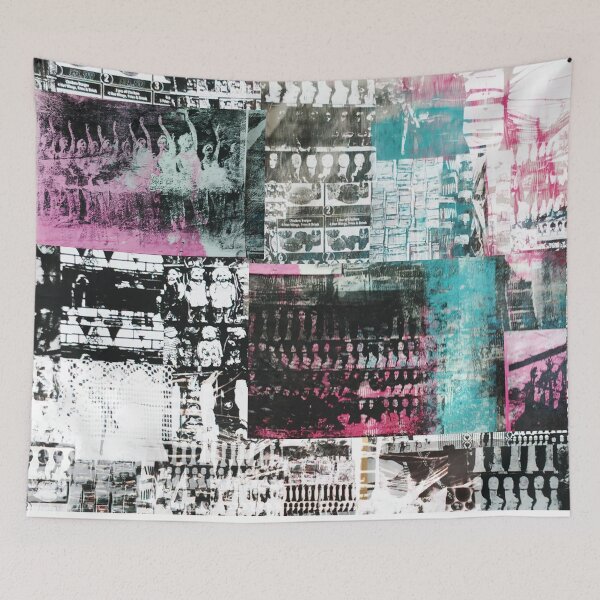 Item preview, abstract print pink and blue and cages and ballet dancers and chickens designed and sold by Trixie-Malixie.