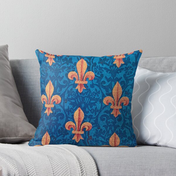 Gold sword design against bright blue background Throw Pillow