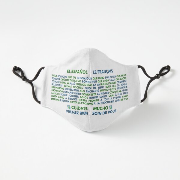 Hello and Goodbye in Spanish and French, Bold Green and Blue with a Very Light Grey Shadow - Fitted Mask Design by LEAF Project Design - Mask Fitted 3-Layer
