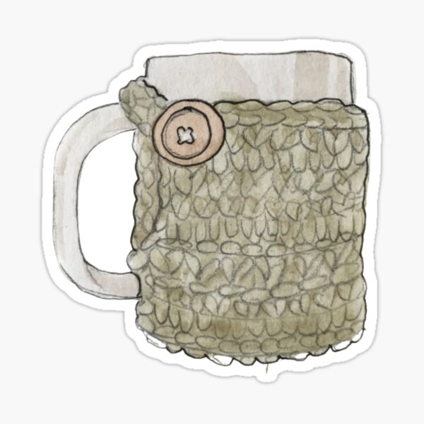 Coffee Mug & Crocheted Cozy Illustration in Watercolor Sticker