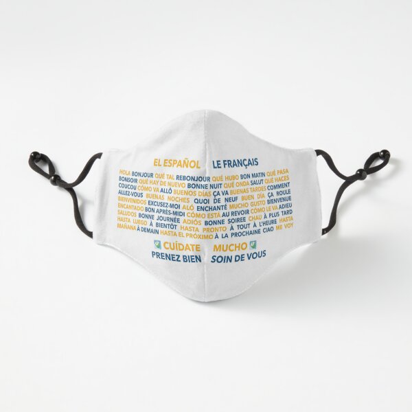 Hello and Goodbye in Spanish and French, Bold Yellow and Blue with a Very Light Grey Shadow - Fitted Mask Design by LEAF Project Design - Mask Fitted 3-Layer