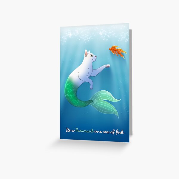 purrmaid mermaid fish tail little cat white kitten purple sparkles Greeting Card