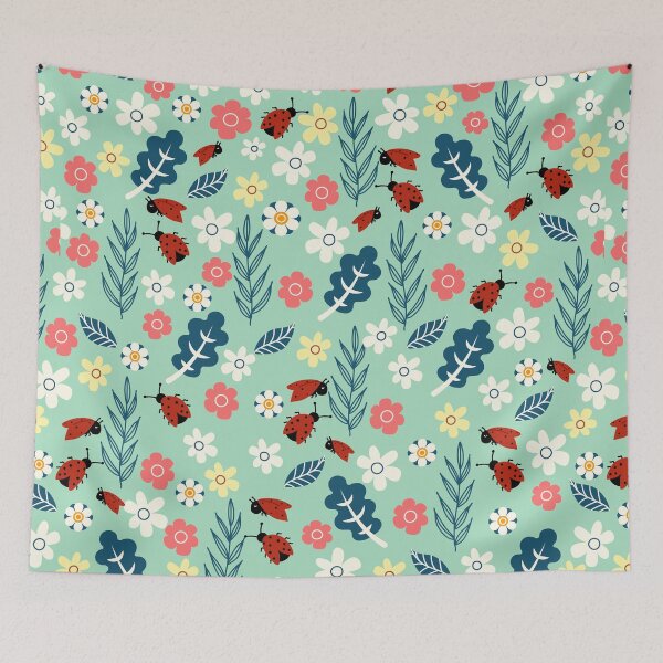 Item preview, Spring meadow in bloom with ladybirds on green background designed and sold by Arch4Design.