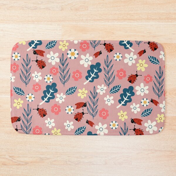 Item preview, Spring meadow in bloom with ladybirds on pink background designed and sold by Arch4Design.