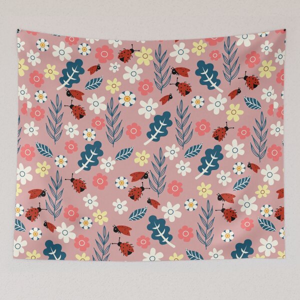 Item preview, Spring meadow in bloom with ladybirds on pink background designed and sold by Arch4Design.