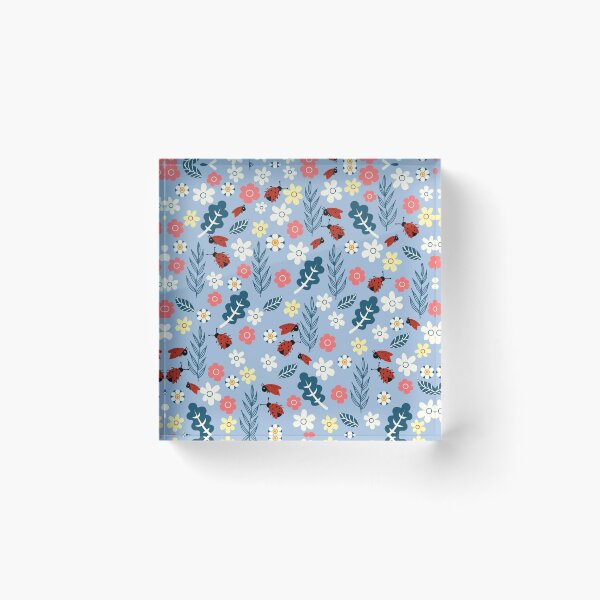 Item preview, Spring meadow in bloom with ladybirds on sky blue background designed and sold by Arch4Design.