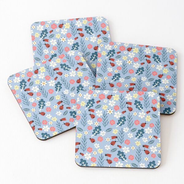 Item preview, Spring meadow in bloom with ladybirds on sky blue background designed and sold by Arch4Design.