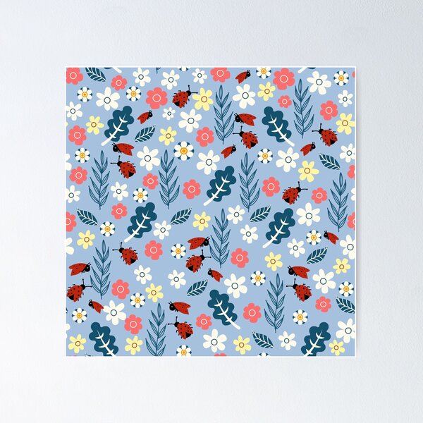 Item preview, Spring meadow in bloom with ladybirds on sky blue background designed and sold by Arch4Design.