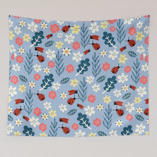 Item preview, Spring meadow in bloom with ladybirds on sky blue background designed and sold by Arch4Design.