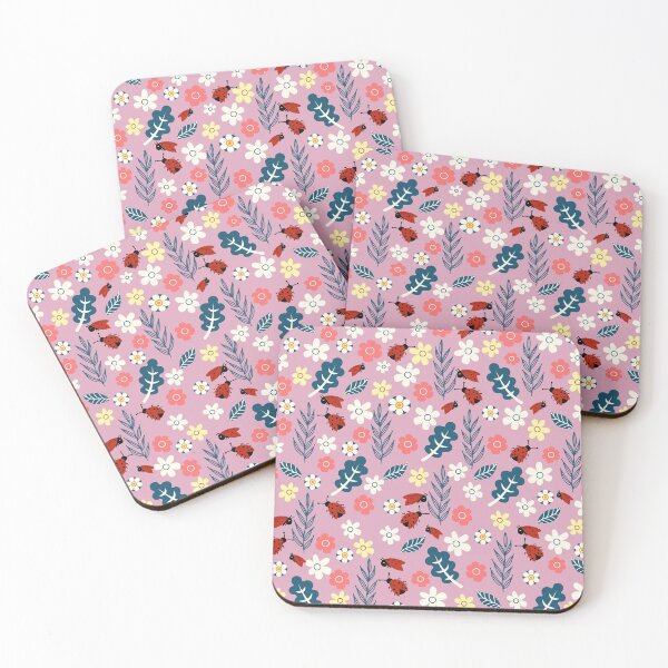 Item preview, Spring meadow in bloom with ladybirds on dark pink background designed and sold by Arch4Design.
