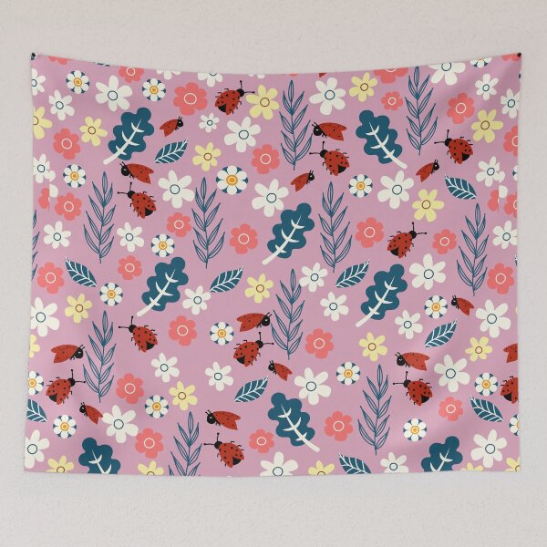 Item preview, Spring meadow in bloom with ladybirds on dark pink background designed and sold by Arch4Design.