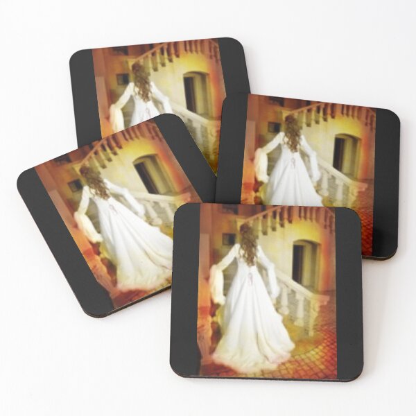 Item preview, Young Woman in White Climbs Stairs in Italian Villa designed and sold by The Mysterious Domain Alyne Whiteswan Fine Art Prints and Merch.