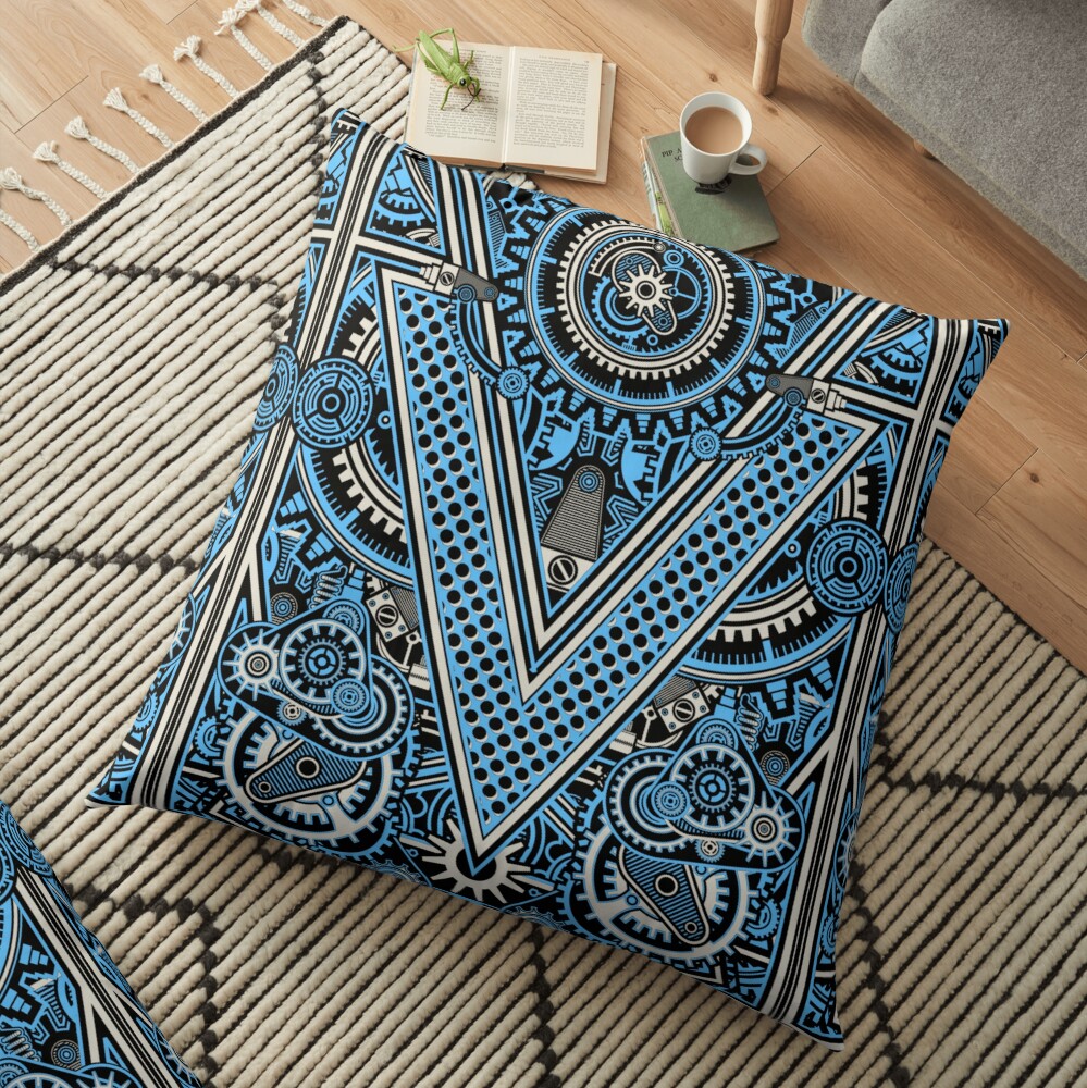 Blue Mechanical Gear Pattern Floor Pillow