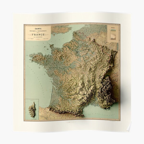 1880 France Relief Map 3D rendu numériquement Poster