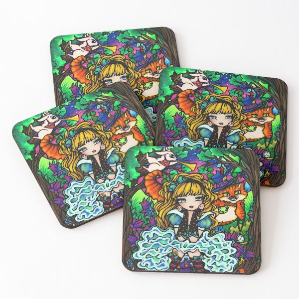 Alice in Wonderland with Cheshire Cat Fantasy Art Coasters (Set of 4)