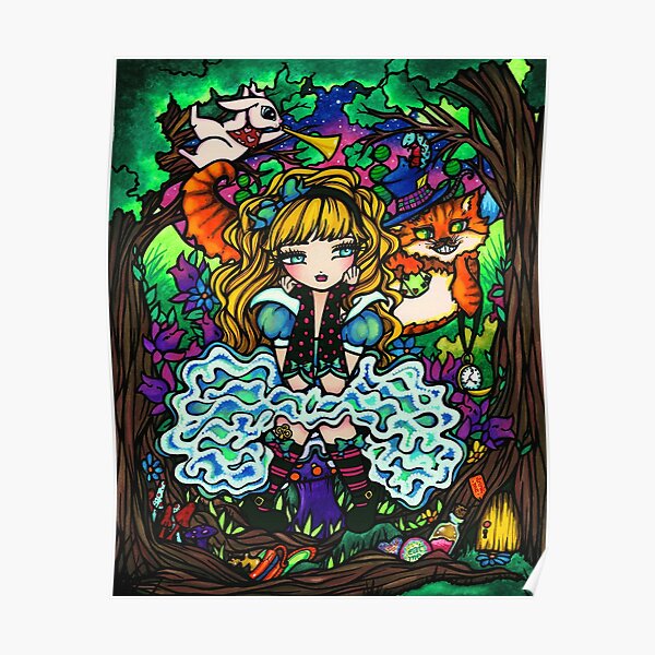 Alice in Wonderland with Cheshire Cat Fantasy Art Poster