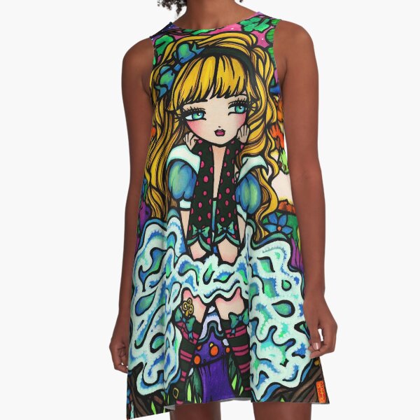 Alice in Wonderland with Cheshire Cat Fantasy Art A-Line Dress