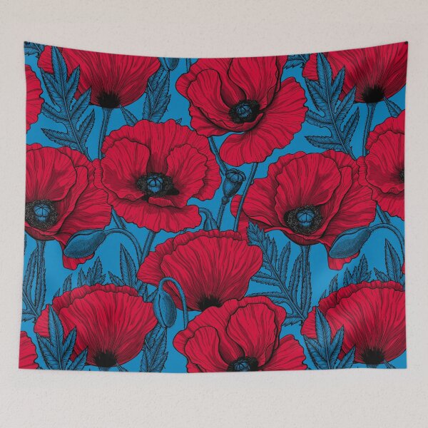 Item preview, Red poppy garden on blue designed and sold by Katerina Mitkova Kirilova.