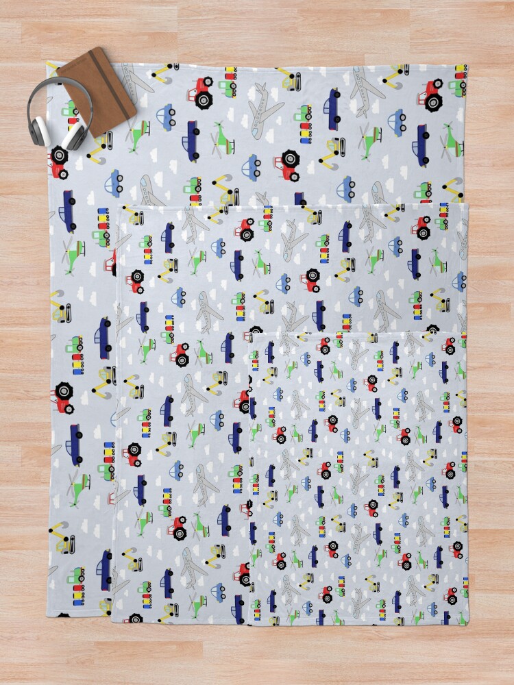Thumbnail 5 of 6, Throw Blanket, Kids Cute Whimsical Boys Blue Transportation Pattern with Airplanes, Tractors, Trains, Cars, and Diggers designed and sold by aimeegray.